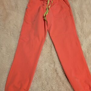 Figs Salmon Scrub Pants with Yellow Drawstring